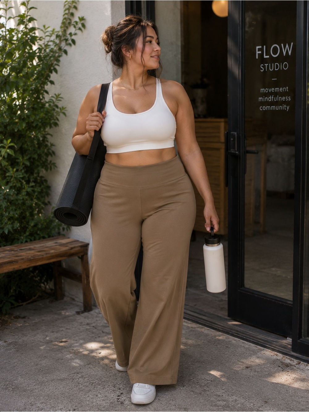 PUWEER Beige Stretch Trousers / wide flare Leg Pants (NWT) workwear lounge chic